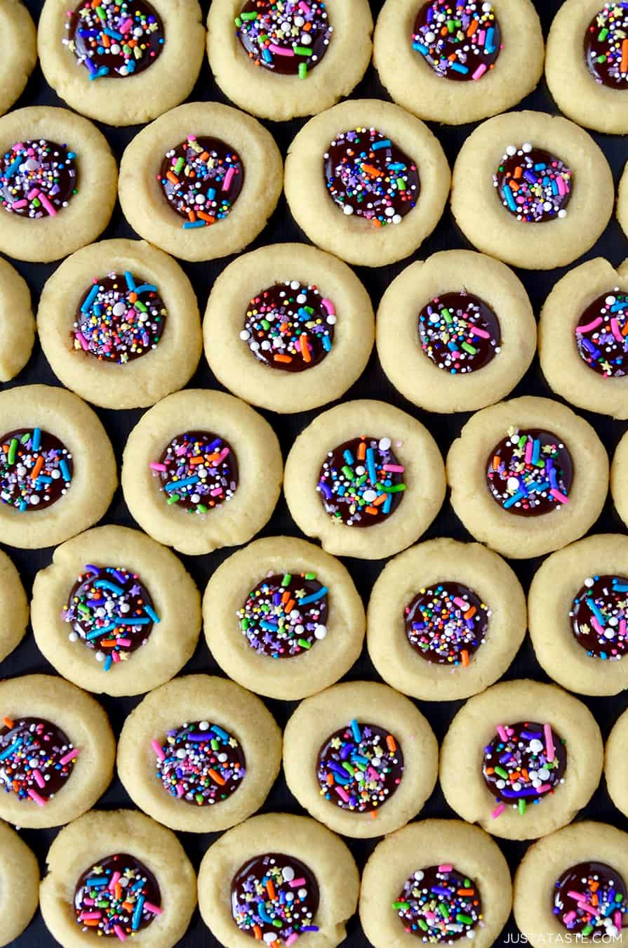 A top down view of chocolate thumbprint cookies