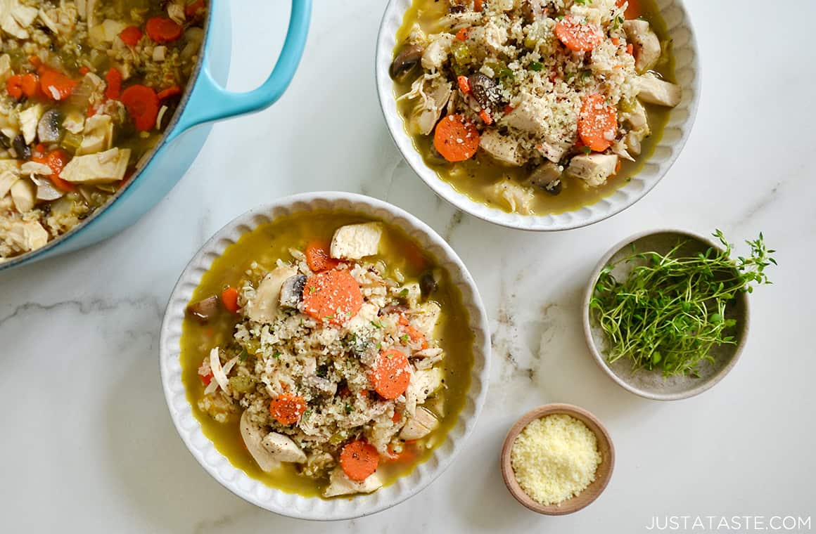 A top-down view of two bowl containing the best Chicken Wild Rice Soup 