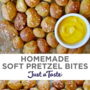 Top image: Homemade Soft Pretzel Bites topped with salt next to a small ramekin filled with mustard. Bottom image: A top-down view of pretzel nuggets topped with salt.