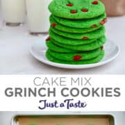 Top image: A tall stack of Grinch Cookies studded with red M&M's with a mini Christmas tree and two glasses of milk in the background. Bottom image: A top-down view of Grinch Cookies atop a parchment paper-lined baking sheet.