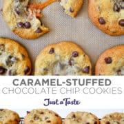 Top image: Gooey caramel in the center of a chocolate chip cookie. Bottom image: Caramel-Stuffed Chocolate Chip Cookies cooling on a wire rack.