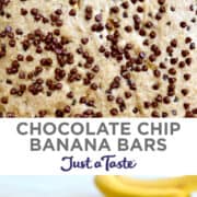 Top image: A close-up view of Banana Bars studded with chocolate chips. Bottom image: A stack of chocolate chip banana bars surrounded by banana bars.