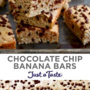 Top image: Chocolate Chip Banana Bars stacked three high. Bottom image: A close-up view of Banana Bars studded with chocolate chips.