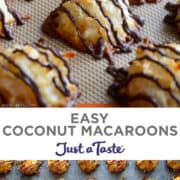 Top image: A close-up view of coconut macaroons drizzled with chocolate. Bottom image: A top-down view of Easy Coconut Macaroons drizzled with chocolate and topped with rainbow sprinkles.