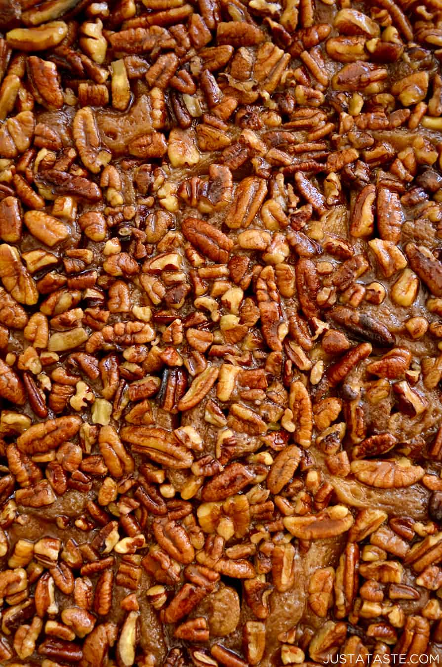 A close-up view of easy pecan sticky buns topping