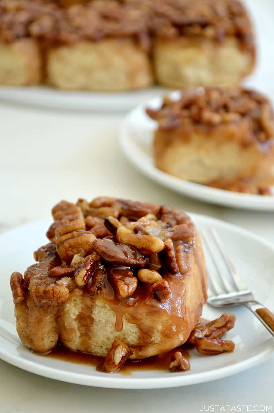 Pecan Sticky Buns on a plate with a fork
