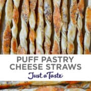 Top image: A top-down view of Puff Pastry Cheese Straws studded with poppy seeds. Bottom image: A close-up view of Puff Pastry Cheese Straws studded with poppy seeds.