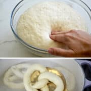 A vertical collage of images. Top image: Easy Soft Pretzels topped with salt next to a small bowl containing yellow mustard. Second image: A hand presses into proofed dough in a clear bowl. Third image: An unbaked pretzel resting atop a slotted spoon above a stockpot filled with a baking soda bath. Final image: A top-down view of unbaked shaped soft pretzels on two parchment paper-lined baking sheets.