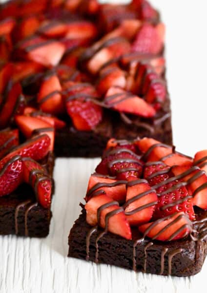 The corner piece of Chocolate-Covered Strawberry Brownies