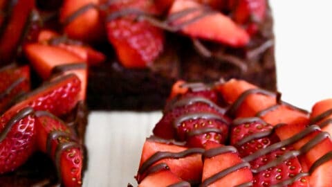 The corner piece of Chocolate-Covered Strawberry Brownies