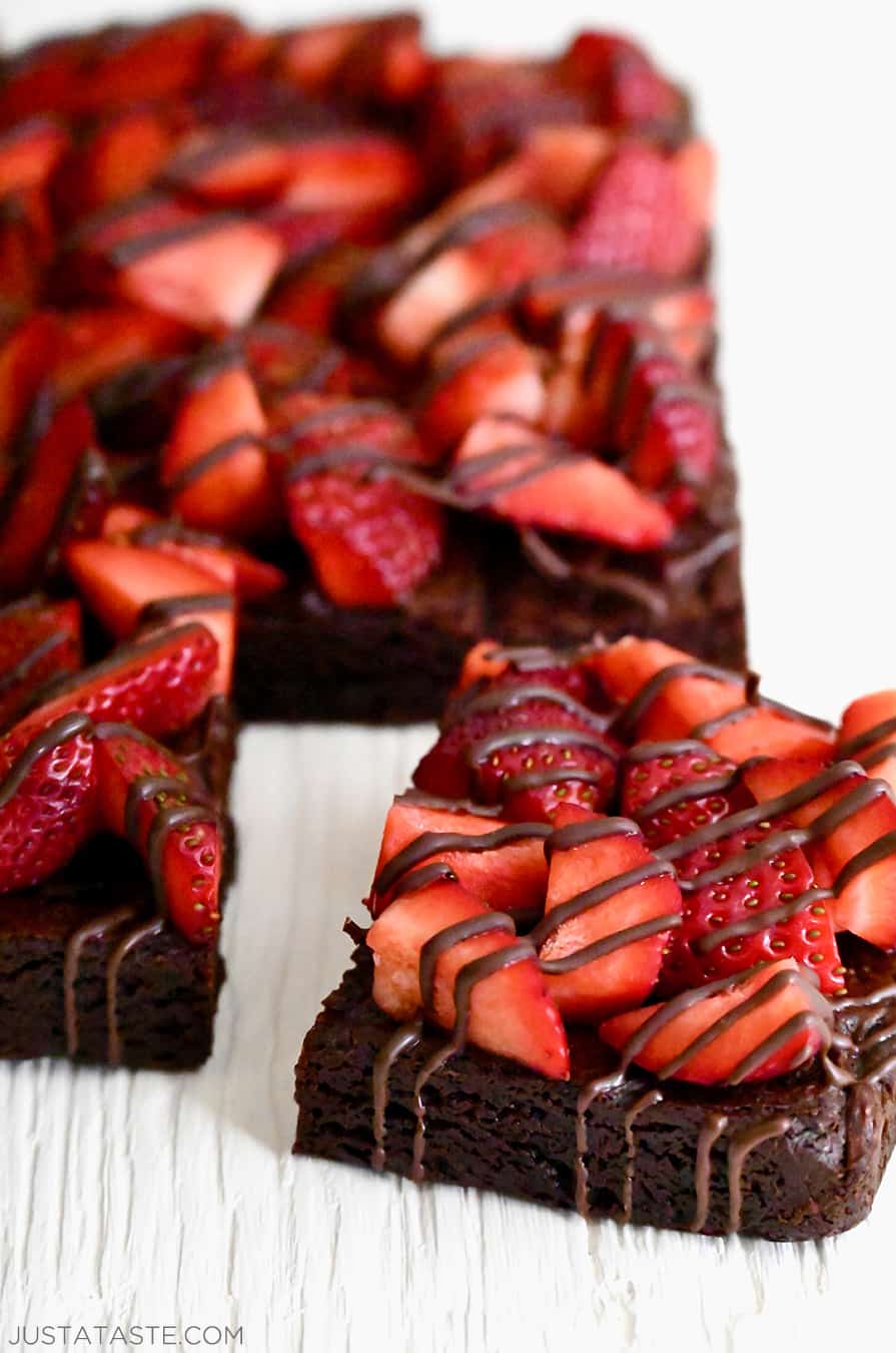 The corner piece of Chocolate-Covered Strawberry Brownies