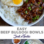 Top image: A close-up view of a bowl containing beef Bulgogi, white rice, a fried egg, kimchi and pickled cucumber. Bottom image: A top-down view of two Beef Bulgogi Bowls.