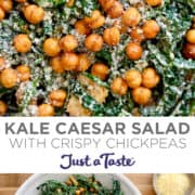 Top image: A close-up view of shredded kale caesar salad with croutons, parmesan cheese, and roasted chickpeas. Bottom image: A top-down view of Kale Caesar Salad with Crispy Chickpeas in a white serving bowl next to a lemon cut in half and a small bowl filled with grated Parmesan.