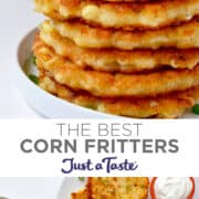 Top image: A tall stack of Corn Fritters topped with a dollop of sour cream and chopped scallions. Bottom image: A top-down view of Corn Fritters on a plate next to a small orange bowl filled with sour cream.