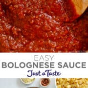 Top image: A close-up view of bolognese sauce and a wooden spoon. Bottom image: A large dutch oven containing easy bolognese sauce and a wooden spoon next to a bowl of pasta and fresh basil leaves.