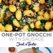 Top image: A close-up view of gnocchi, Italian sausage and kale garnished with Parmesan. Bottom image: Gnocchi with Sausage and Kale in a Dutch oven with a wooden spoon.