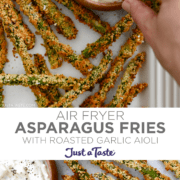 Top image: A close-up view of a hand dipping an asparagus fry into roasted garlic aioli sauce. Bottom image: A top-down view of air fryer asparagus fires on a white plate next to a small bowl containing garlic aioli.