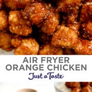 Top image: A close-up view of air fryer orange chicken. Bottom image: Orange chicken nuggets over white rice in a white bowl with chopsticks resting on the edge.