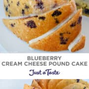 Top image: Blueberry Cream Cheese Pound Cake topped with a lemony glaze. Bottom image: A cream cheese pound cake studded with blueberries resting atop a wire cooling rack.