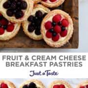 Top image: A top-down view of cream cheese breakfast pastries topped with fresh blueberries, raspberries and blackberries on a large wooden serving board. Bottom image: A top-down view of two rows of cream cheese danish topped with fresh berries.