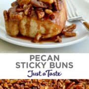 Top image: A pecan sticky bun on a white plate with a fork. Bottom image: A close-up view of the maple-pecan topping over fluffy cinnamon rolls.