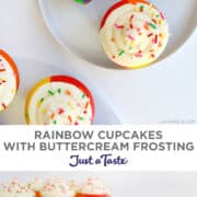 Top image: A top-down view of a rainbow cupcake cut open with more cupcakes on another plate. Bottom image: Two white plates containing easy rainbow cupcakes with silky buttercream frosting and rainbow sprinkles.