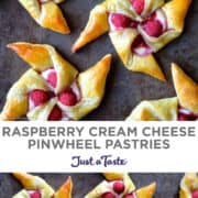 Top image: A close-up view of cream cheese breakfast pastries topped with fresh raspberries. Bottom image: A top-down view of cream cheese pinwheel pastries topped with raspberries.