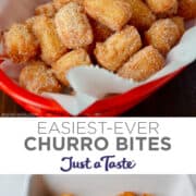 Top image: A parchment paper-lined red food basket with a heaping pile of churros bites. Bottom image: Fried churro bites in a shallow dish with a cinnamon-sugar mixture.