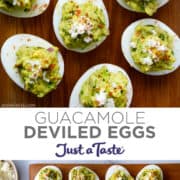 Top image: A close-up of guacamole deviled eggs on a wood background. Bottom image: Deviled eggs on a platter surrounded by small bowls of cheese and seasoning.