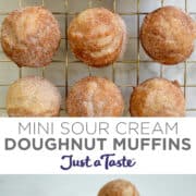 Top image: A top-down view of mini sour cream doughnut muffins with cinnamon and sugar on a wire cooling rack. Bottom image: Mini doughnut muffins piled high in a bowl.