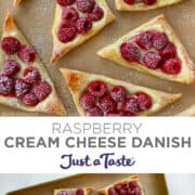 Top image: A top-down view of cream cheese danishes topped with fresh raspberries and dusted with powdered sugar. Bottom image: A top-down view of raspberry cream cheese danishes on a baking sheet.