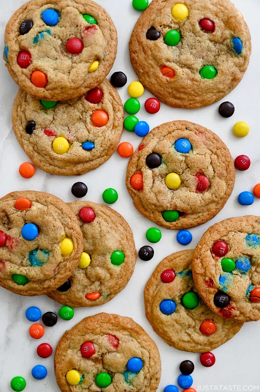A top-down view of rainbow M&M cookies