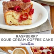 Top image: A slice of sour cream coffee cake studded with juicy raspberries on a white plate. Bottom image: A top-down view of two plates with a slice of coffee cake next to a latte in a white mug.