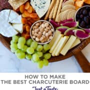 Top image: A close-up view of a charcuterie board with various cheeses, meats, olives, nuts, dried and fresh fruits, and crackers. Bottom image: A cheese board with fruit, olives, meats and crackers next to glasses filled with white wine.