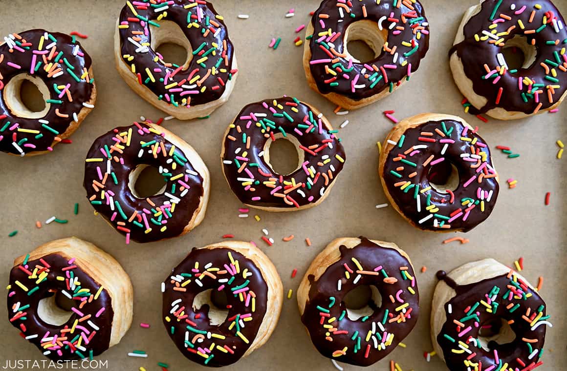 Easy Air Fryer Biscuit Doughnuts with chocolate glaze and rainbow sprinkles