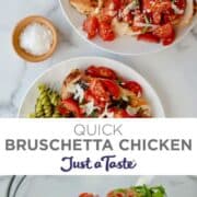 Top image: A top-down view of Bruschetta Chicken on a plate with pesto pasta next to glasses filled with white wine. Bottom image: Diced cherry tomatoes and fresh basil in a clear bowl.