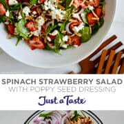 Top image: A top-down view of Spinach Strawberry Salad with crumbled feta and slivered almonds in a white serving bowl. Bottom image: A clear bowl containing spinach, sliced strawberries, sliced red onion, slivered almonds and crumbled feta cheese.