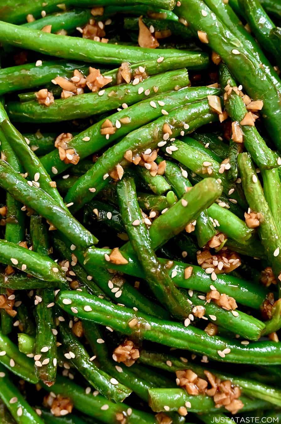 A close-up view of copycat Din Tai Fung Chinese Garlic Green Beans