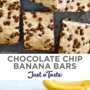 Top image: A top-down view of banana bars cut into squares. Bottom image: A stack of banana bars with bananas in the background.