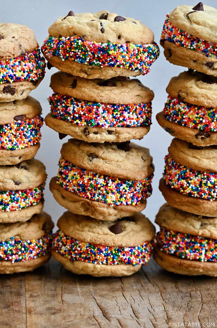 Three Tall Stacks Of Chocolate Chip Cookie Ice Cream Sandwiches Coated 