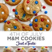 Top image: A top-down view of M&M cookies with red, white and blue M&M's. Bottom image: A close-up view of scoops of cookie dough studded with M&M's.