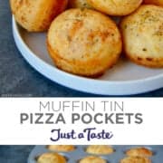 Top image: A pile of muffin tin pizza pockets on a plate next to a small bowl containing pizza sauce. Bottom image: A pile of pizza pockets on a white plate in front of a bowl containing pizza sauce and a muffin tin containing pizza pockets.