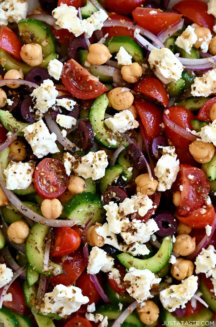 A close-up view of a Mediterranean-inspired salad 