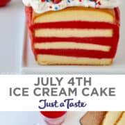 Top image: Frozen pound cake layered with raspberry sorbet topped with cool whip, fresh raspberries and blueberries, and patriotic sprinkles. Bottom image: Raspberry sorbet being scooped atop frozen pound cake in an aluminum cake tin.