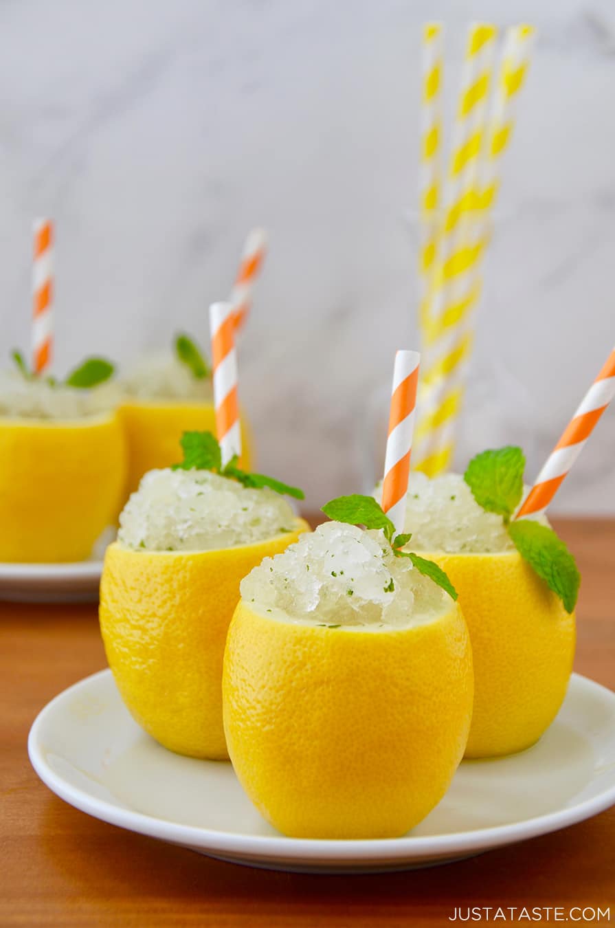 Hollowed-out lemons filled with lemon-mint granita