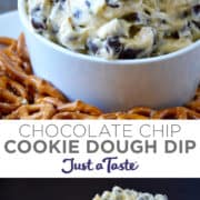 Top image: Chocolate Chip Cookie Dough Dip piled high in a white bowl surrounded by pretzels. Bottom image: Chocolate Chip Cookie Dough Dip in a bowl on a plate surrounded by pretzels.