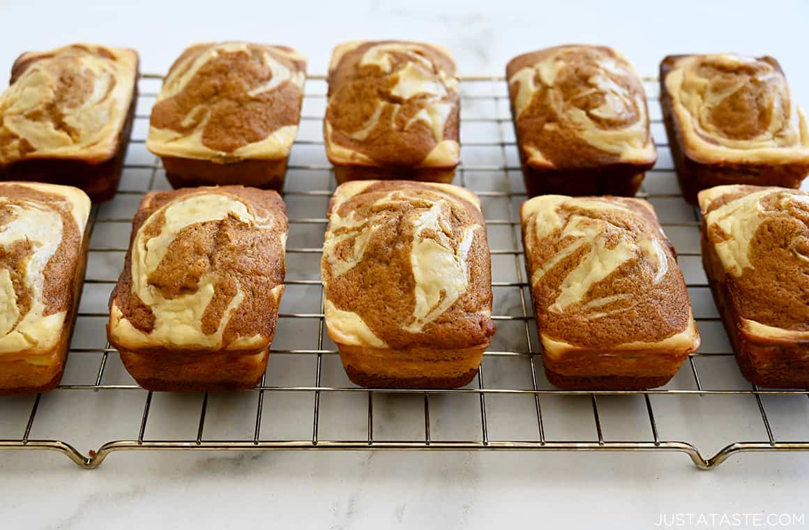Easy Pumpkin Cream Cheese Mini Loaves atop a cooling rack
