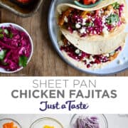 Top image: A top-down view of Sheet Pan Chicken Fajitas next to a plate with a stack of corn tortillas. Bottom image: A top-down view of various sizes of clear bowls containing sliced bell peppers, sliced red onions, sliced chicken breasts and seasonings.