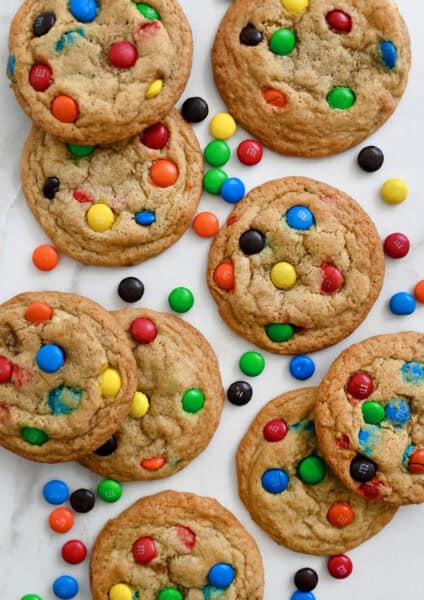 Thick and chewy soft baked M&M cookies studded with a rainbow of chocolate-coated candy.