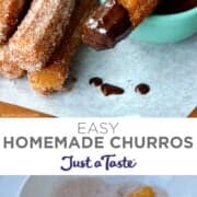 Top image: A homemade churros dipped in chocolate sauce resting on a small bowl filled with chocolate sauce. Bottom image: Freshly fried churro dough being rolled in cinnamon-sugar.